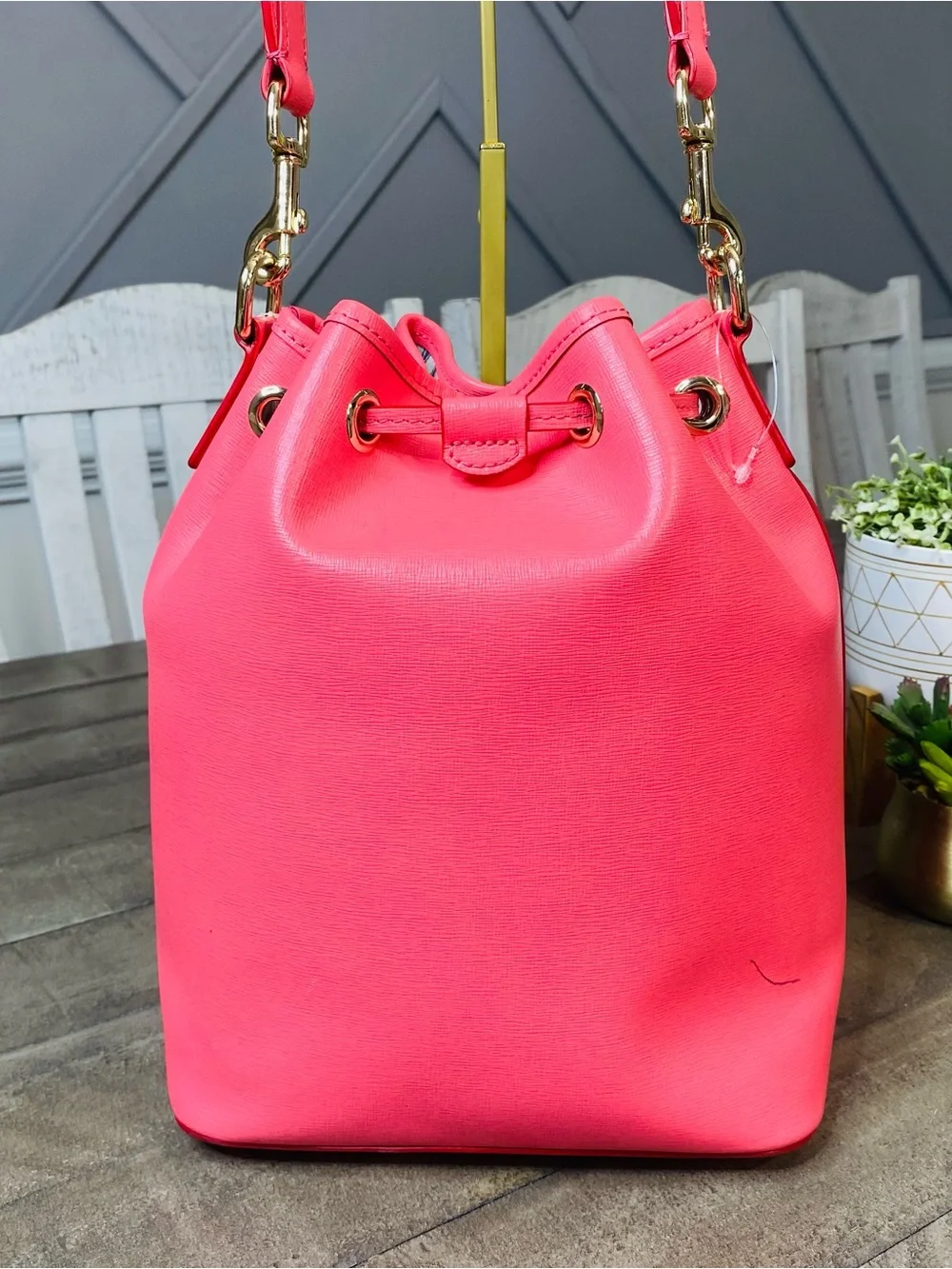 Dooney & Bourke Saffiano Leather Drawstring Bucket Bag Hot Pink Neon